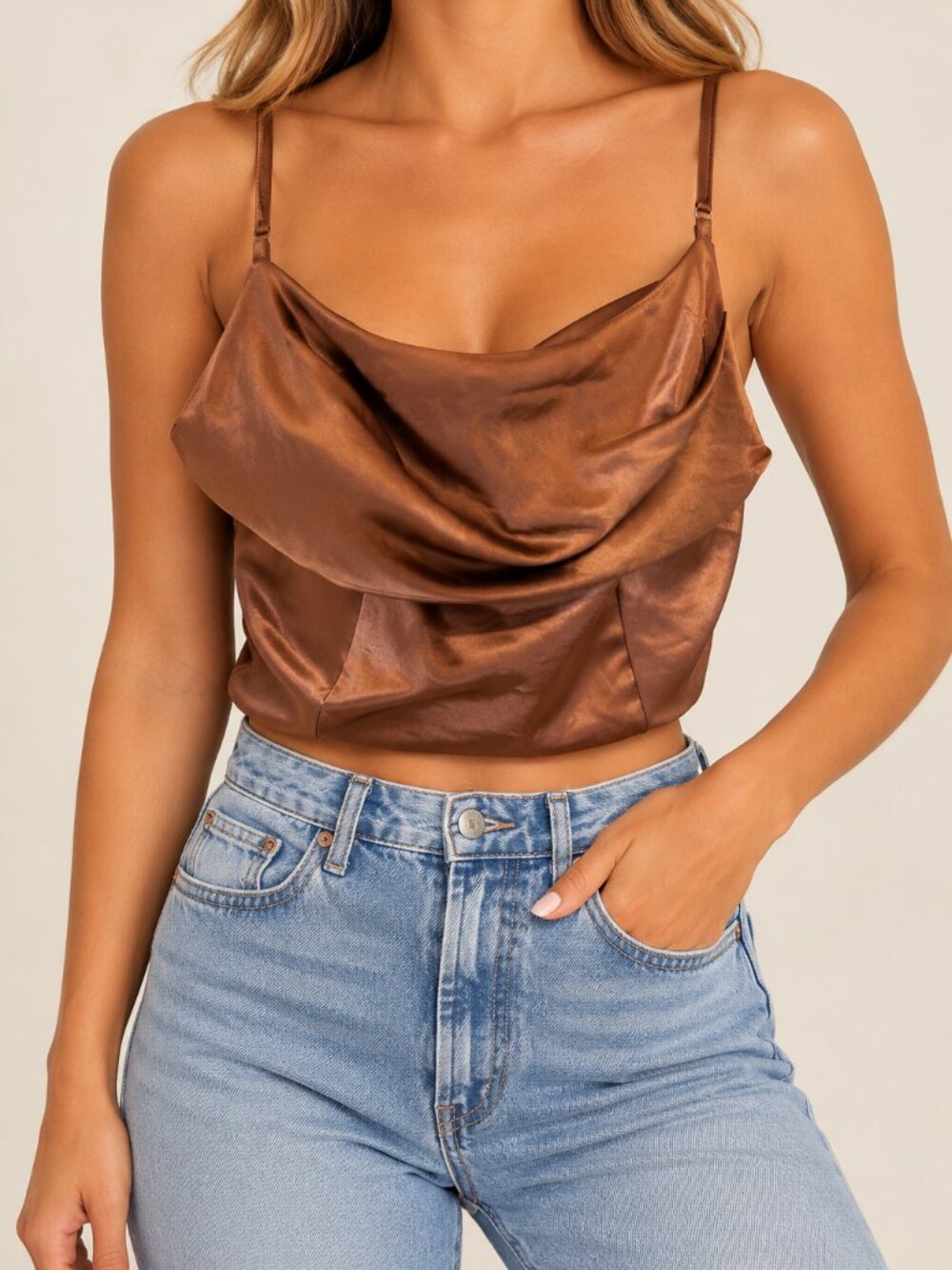 Altar'd State Kinaly Satin Cowl Neck Cami Top Clay Brown Size S NWT